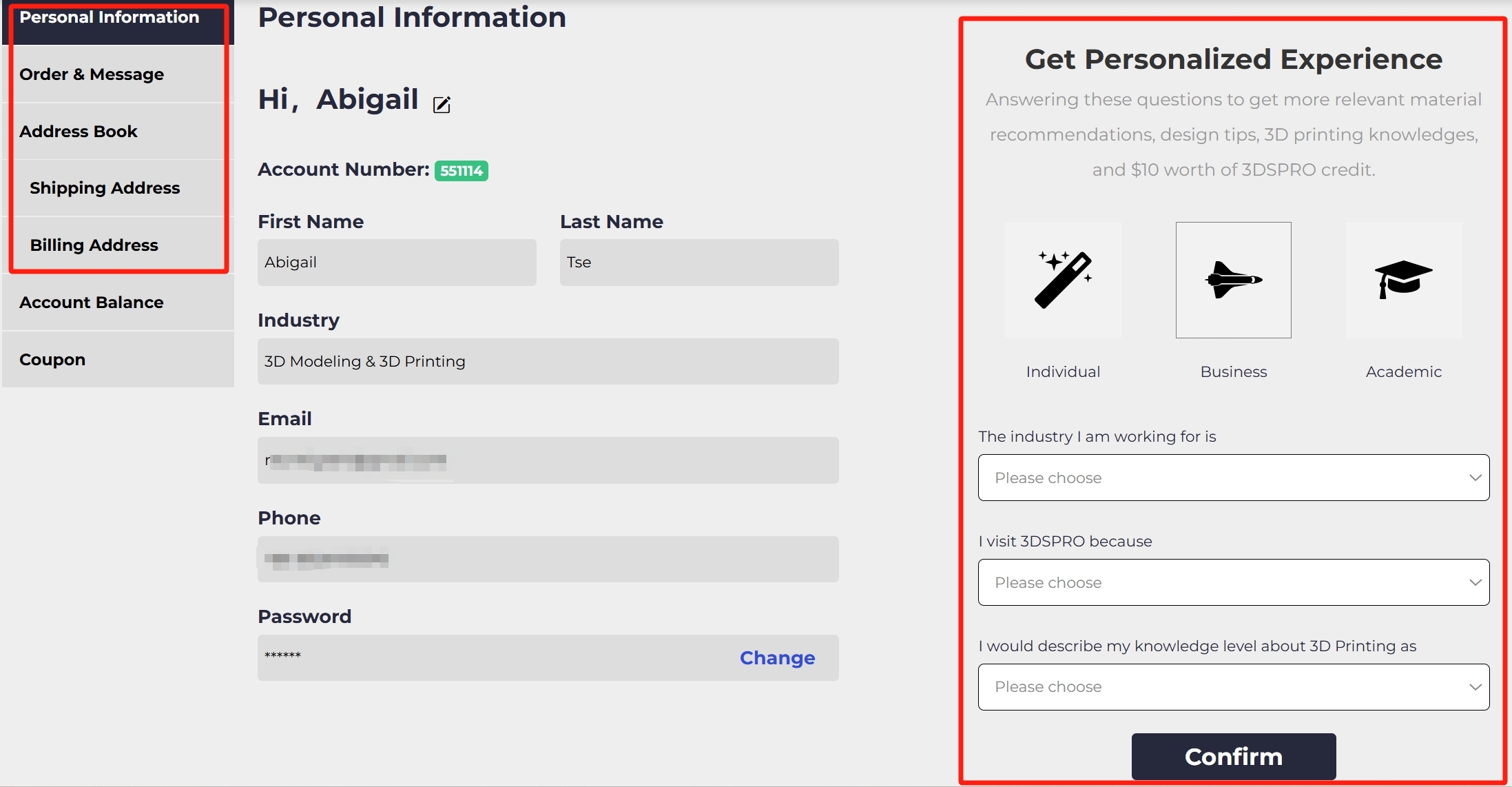3dspro_squote_user center_compete persönliche Informationen